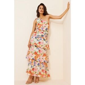 Astr One-Shoulder Tiered Floral Midi Dress in White with Pink, Orange, Blue